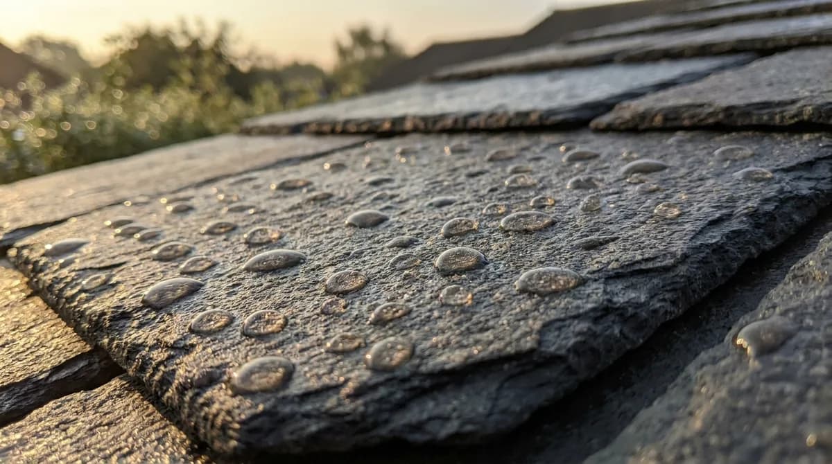 Wassertropfen perlen auf einem imprägnierten dunklen Dachziegel ab