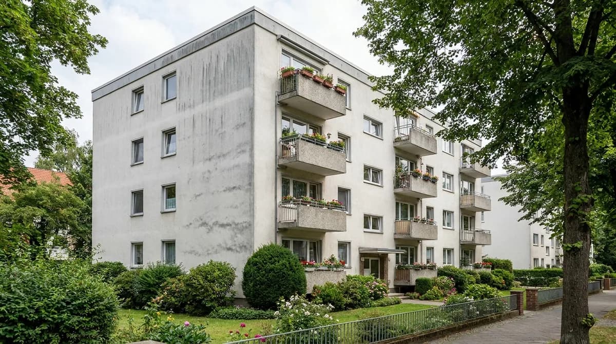 Mehrfamilienhaus mit Balkonen und grauen Verwitterungsspuren an der Putzfassade