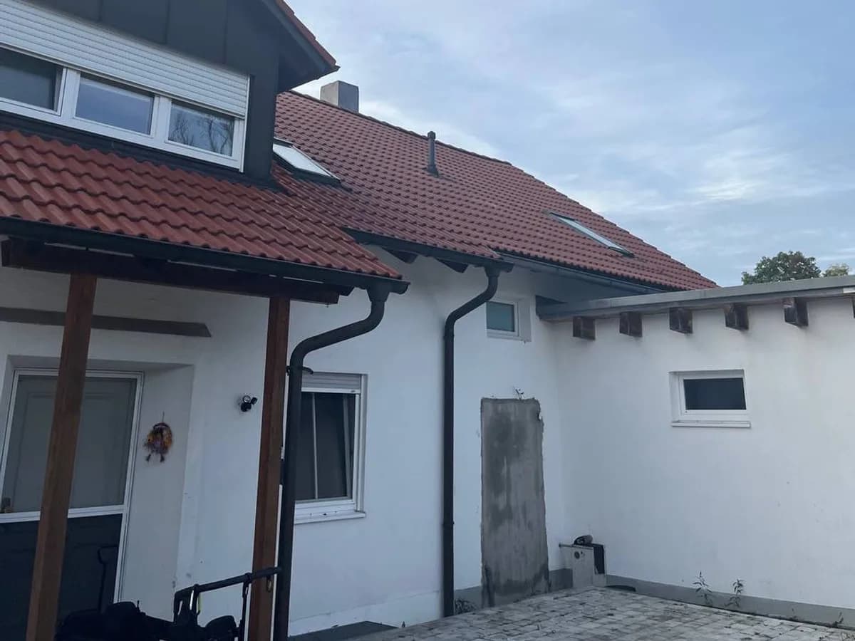 Verstopfte Dachrinne mit Laub und Moosresten
