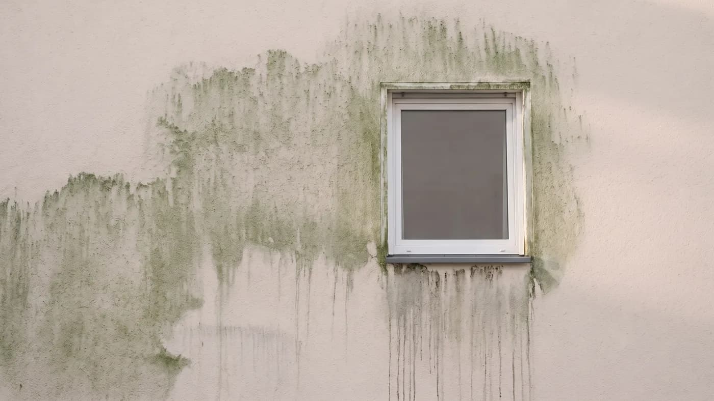 Putzfassade mit flächigem grünem Algenbelag rund um das Fenster