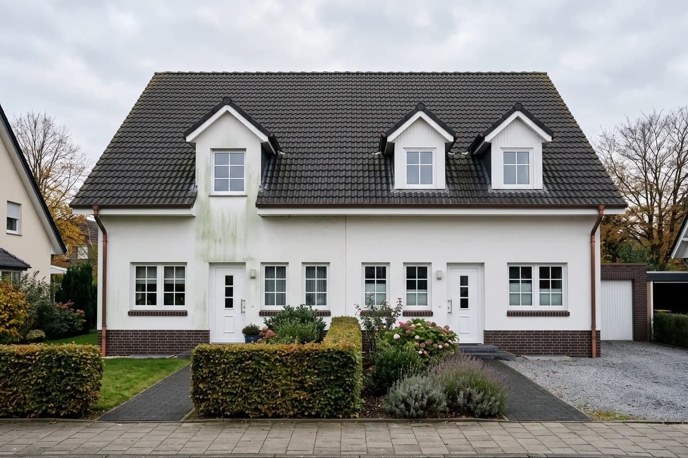 Doppelhaushälfte mit hellem Putz, Klinkersockel und Vorgarten