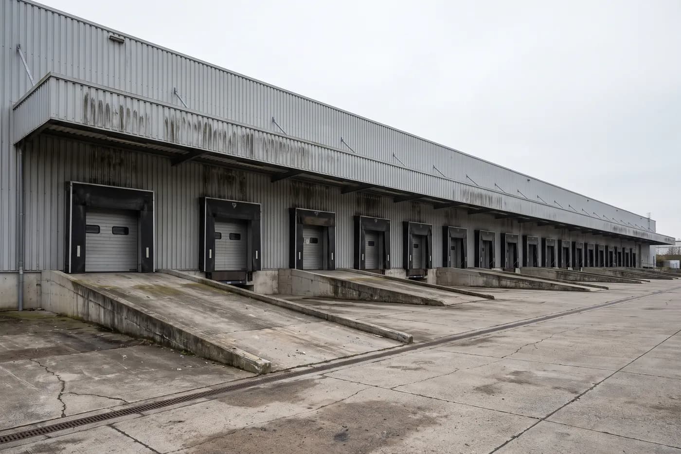 Graue Trapezblechfassade einer Logistikhalle mit Verladetoren