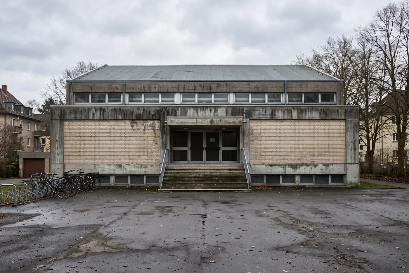 Städtische Sporthalle aus Sichtbeton und hellem Klinker mit Fensterband