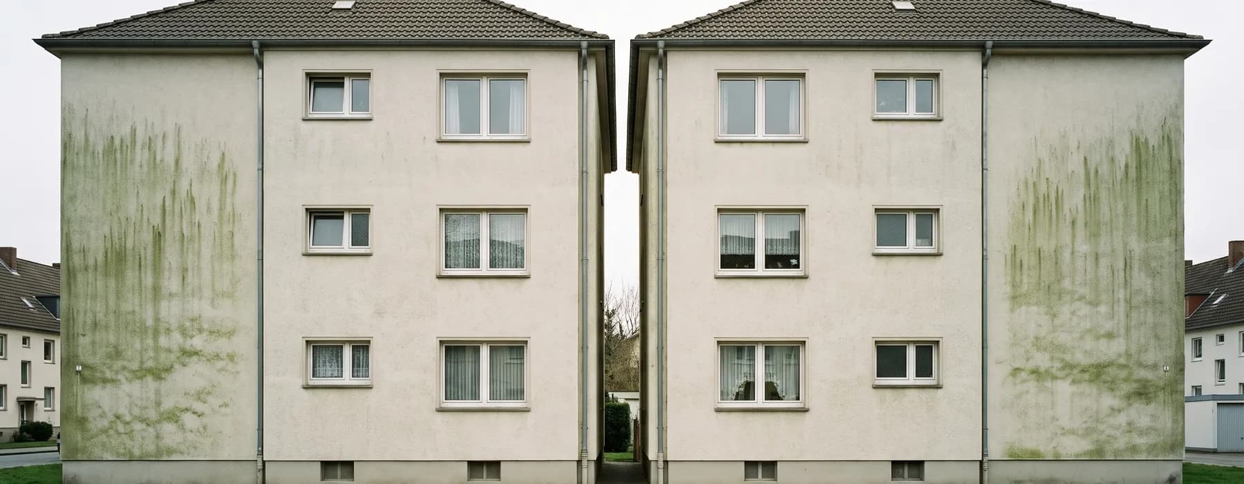 Zwei bautechnisch identische Mehrfamilienhäuser nebeneinander mit gleichem Grünbefall