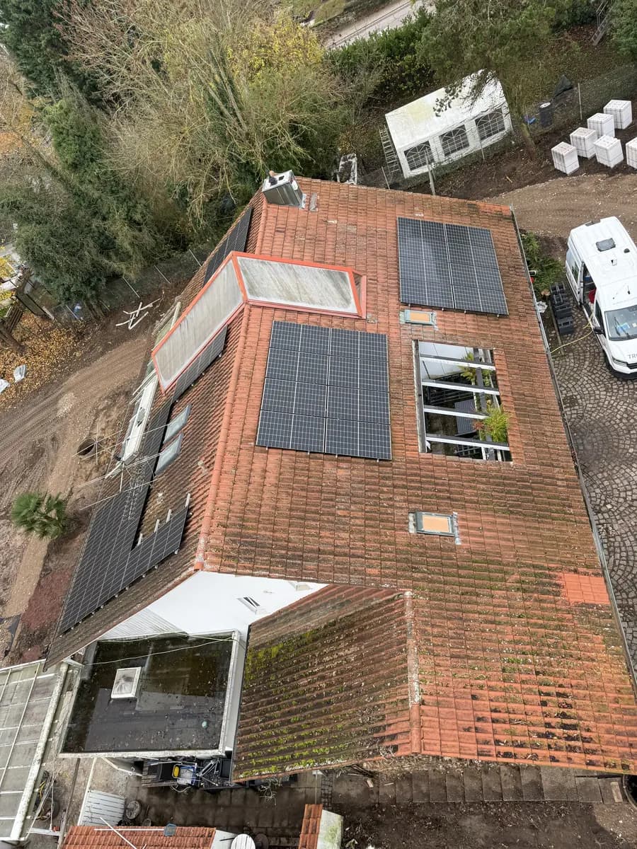 Ziegeldach mit Photovoltaikanlage und dunklem Bewuchs vor der Reinigung