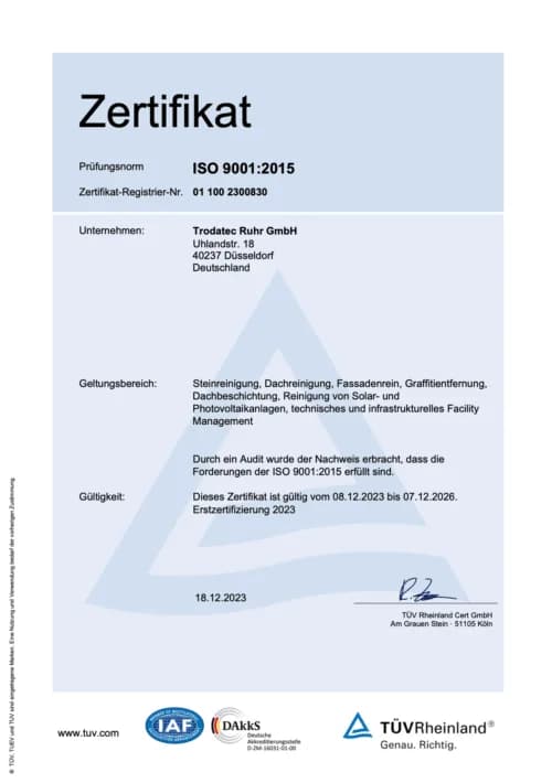 ISO-9001:2015-Zertifikat der Trodatec Ruhr GmbH, ausgestellt von TÜV Rheinland