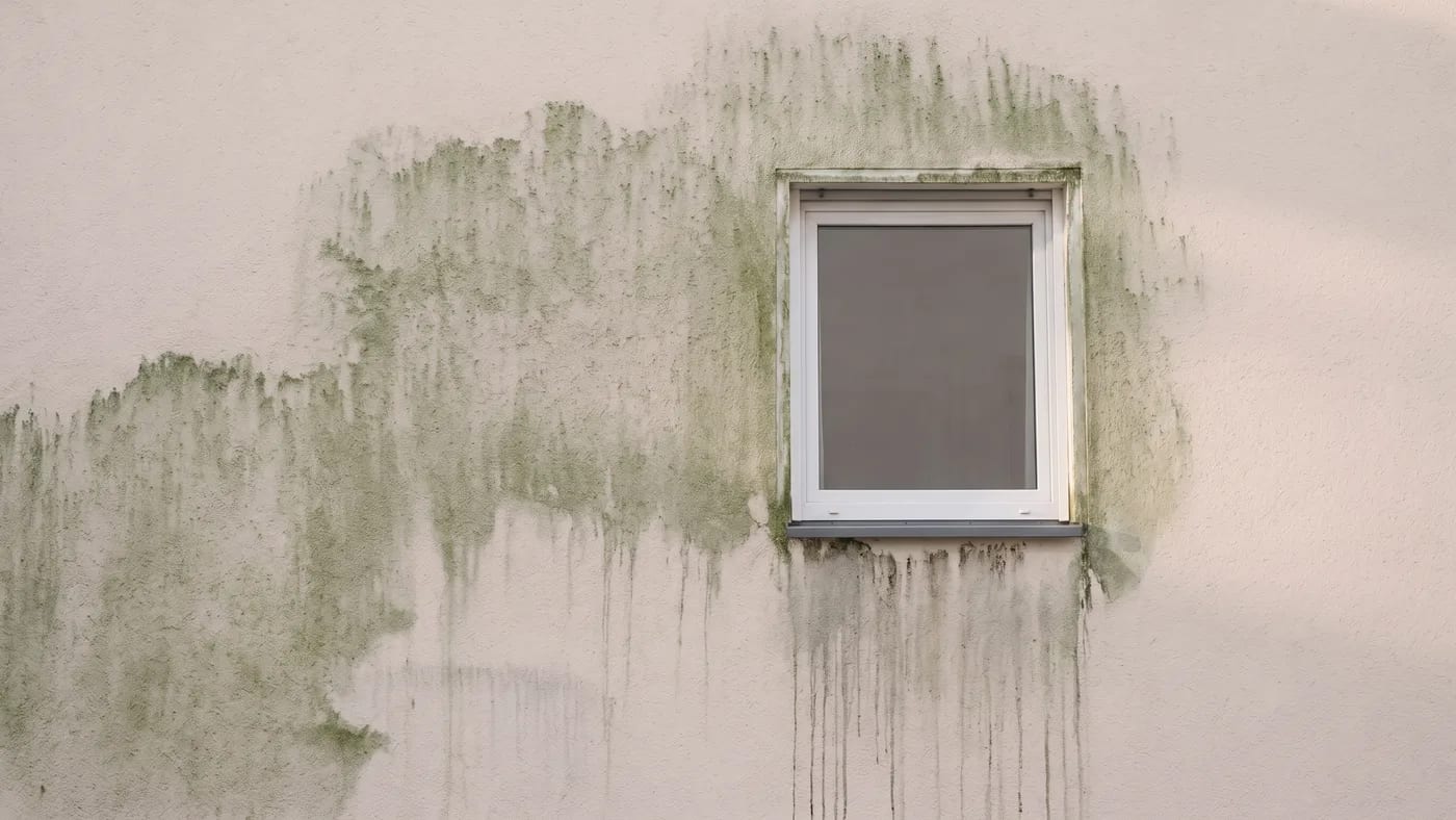 Putzfassade mit flächigem grünem Algenbelag rund um das Fenster