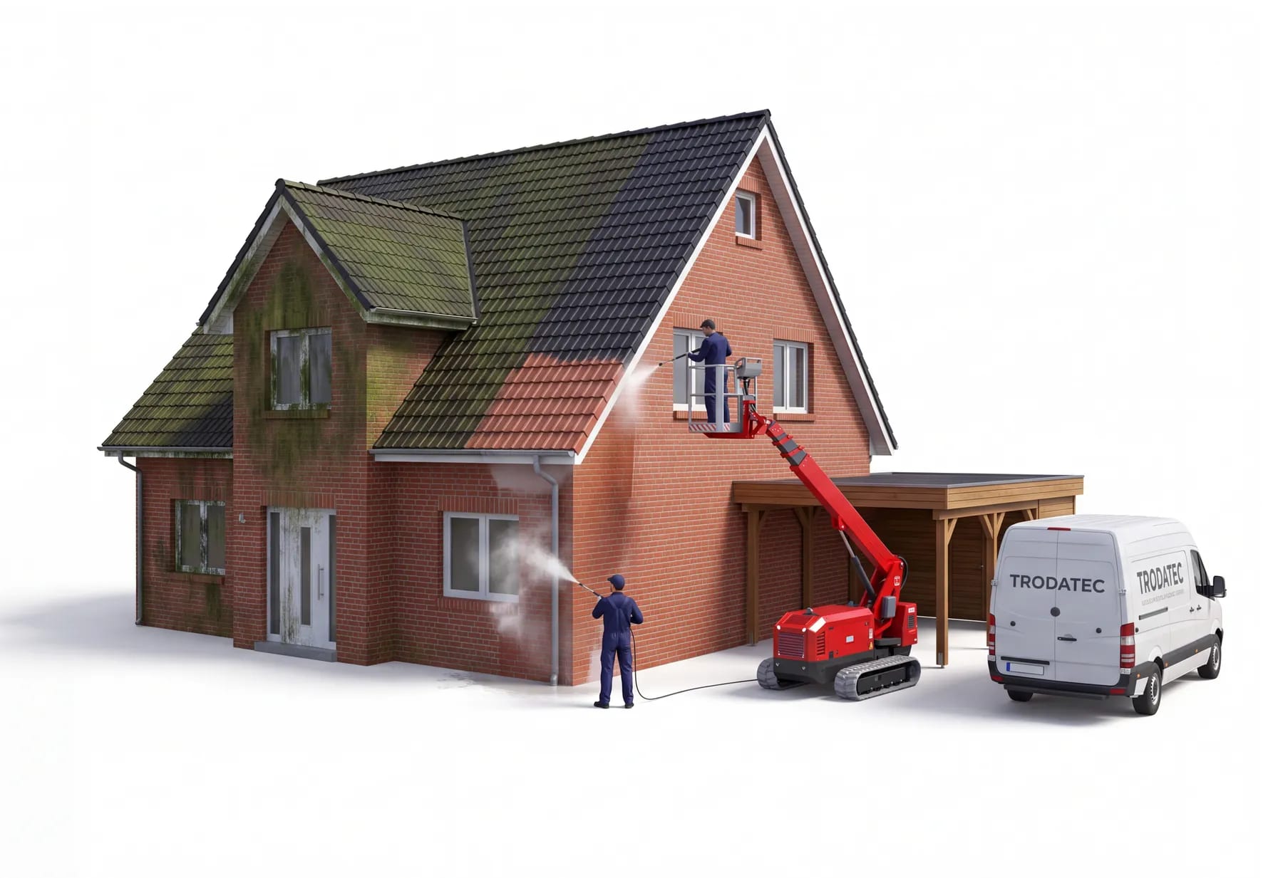 Illustration: TRODATEC-Team reinigt ein freistehendes Backsteinhaus mit Carport – ein Mitarbeiter arbeitet aus dem Korb der roten Arbeitsbühne an der Traufe, daneben der beschriftete Firmentransporter