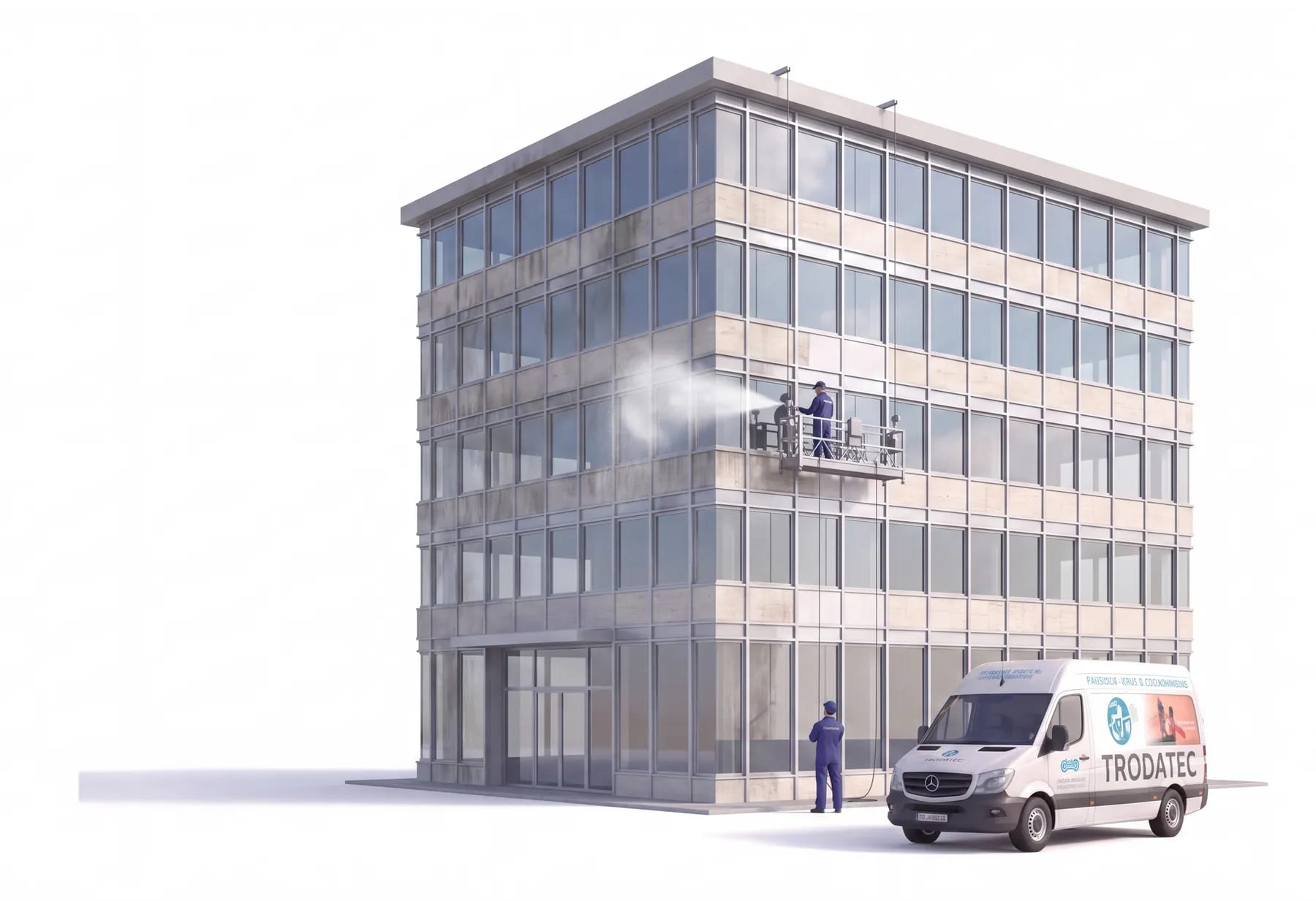 Illustration: TRODATEC-Mitarbeiter reinigt aus einer hängenden Fassadenbefahranlage die Fassade eines mehrgeschossigen Gebäudes, am Boden der beschriftete Firmentransporter