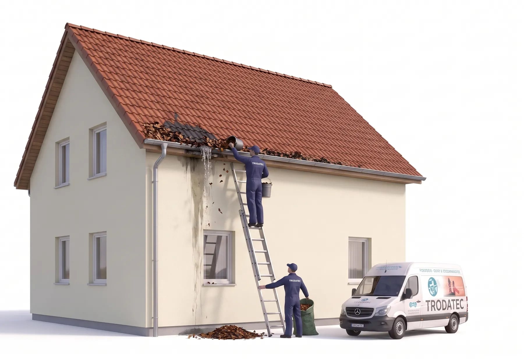 Illustration: Ein TRODATEC-Mitarbeiter räumt von der Anlegeleiter aus nasses Laub aus der Dachrinne eines Wohnhauses in einen eingehängten Eimer, während ein zweiter die Leiter sichert