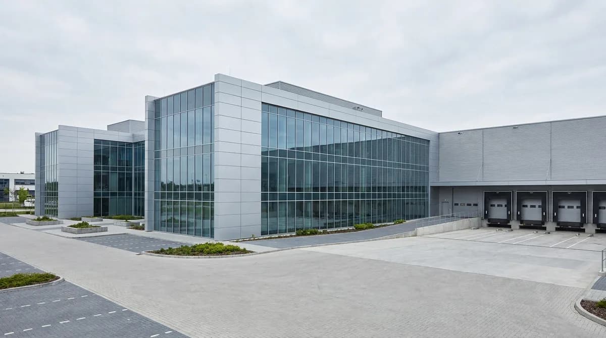Modernes Büro- und Logistikgebäude mit weitem Vorplatz