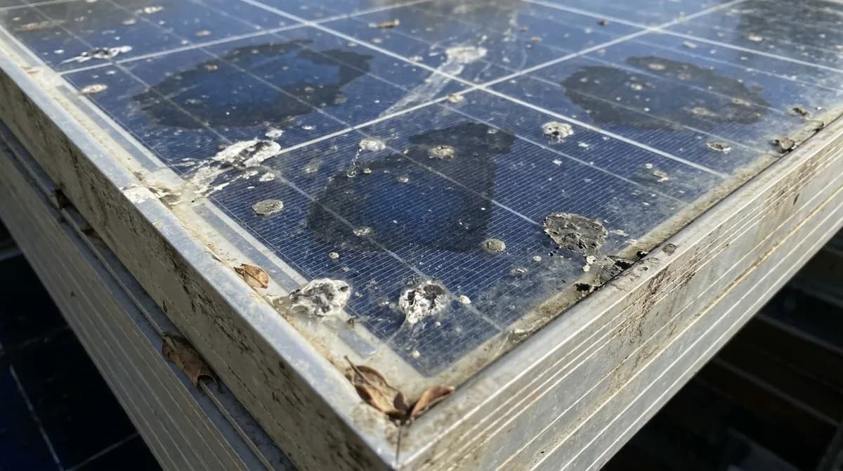 Vogelkot und Schmutzflecken verschatten Zellen eines Photovoltaik-Moduls