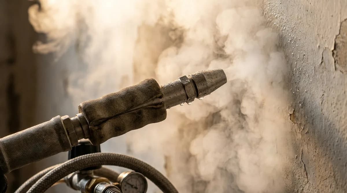 Dampflanze gibt dichten heißen Dampf gegen eine Putzwand ab