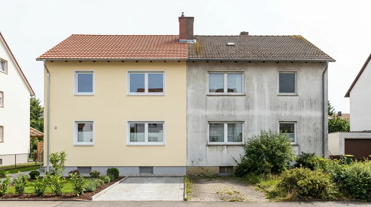 Doppelhaus mit gereinigter heller und verwitterter grauer Haushälfte im direkten Vergleich