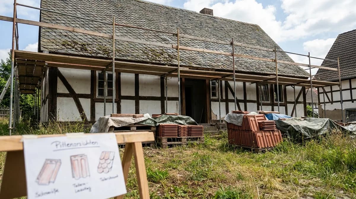 Haus mit Gerüst und palettierten neuen Dachziegeln vor der Sanierungsentscheidung