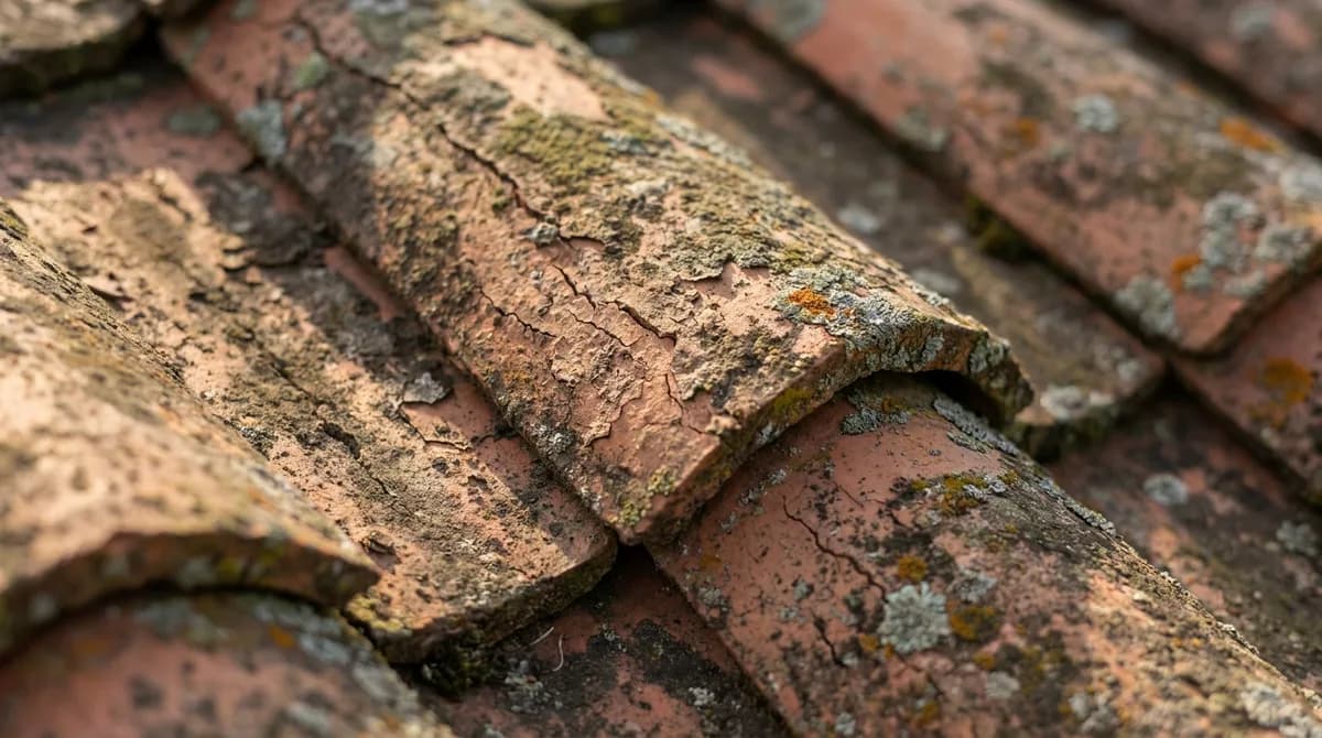 Alte Tondachziegel mit Flechten und feiner Oberflächenerosion in Nahaufnahme