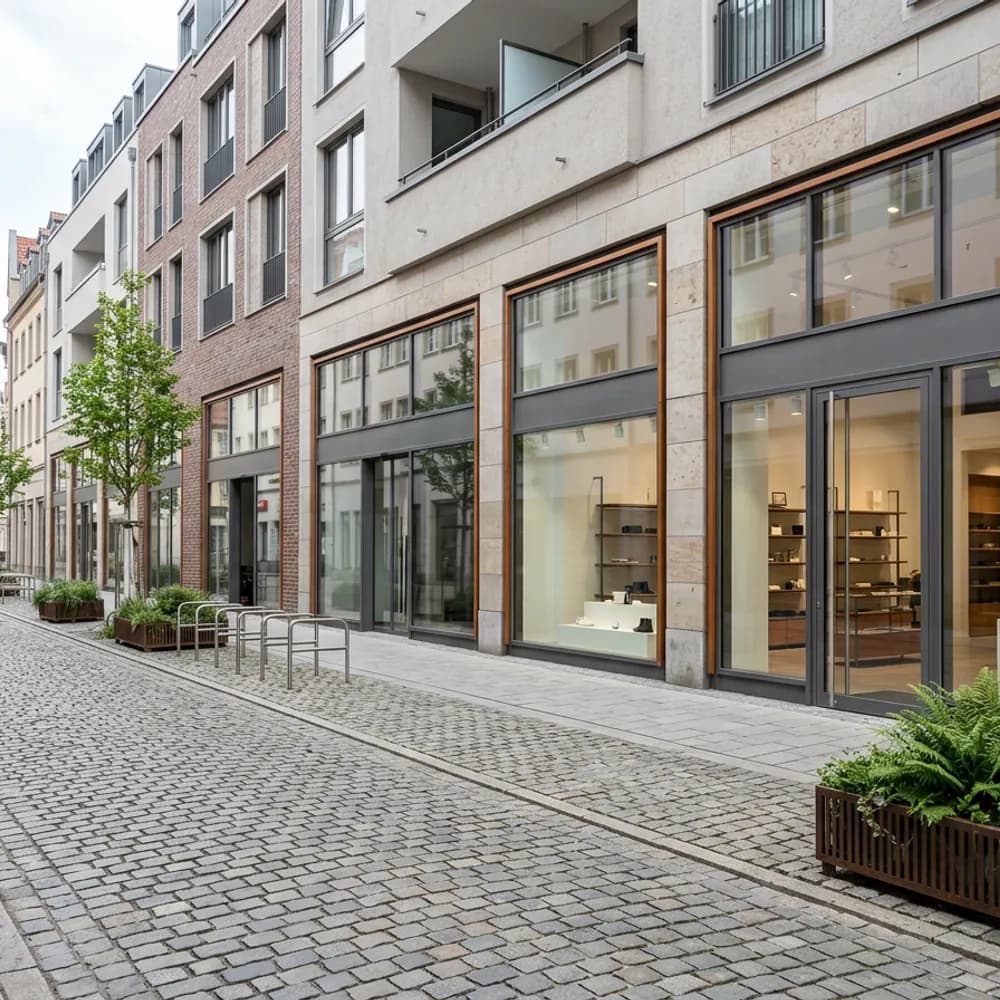 Reihe gepflegter Ladenfassaden mit großen Schaufenstern in einer Einkaufsstraße