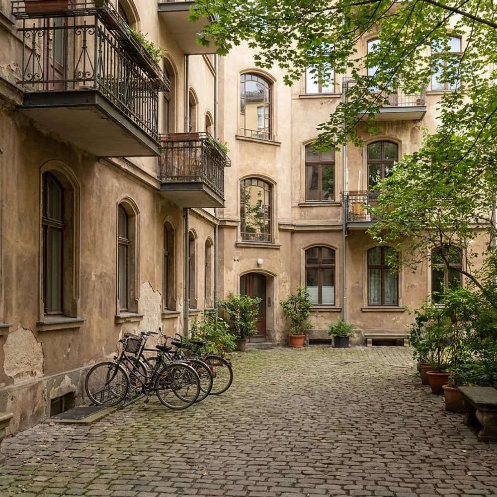 Ruhiger Innenhof eines Gründerzeit-Mehrfamilienhauses