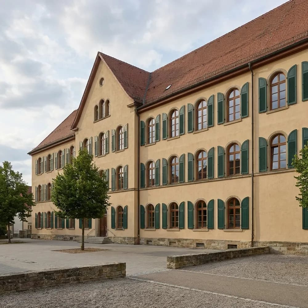 Traditionelles Schulgebäude mit hellem Putz und grünen Fensterläden