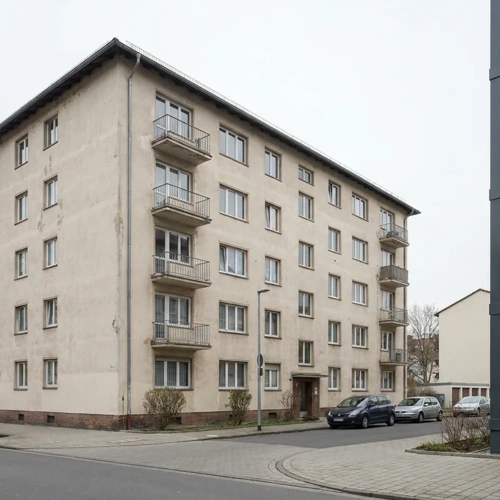 Mehrgeschossiges Wohngebäude der Nachkriegszeit neben einem modernen Neubau