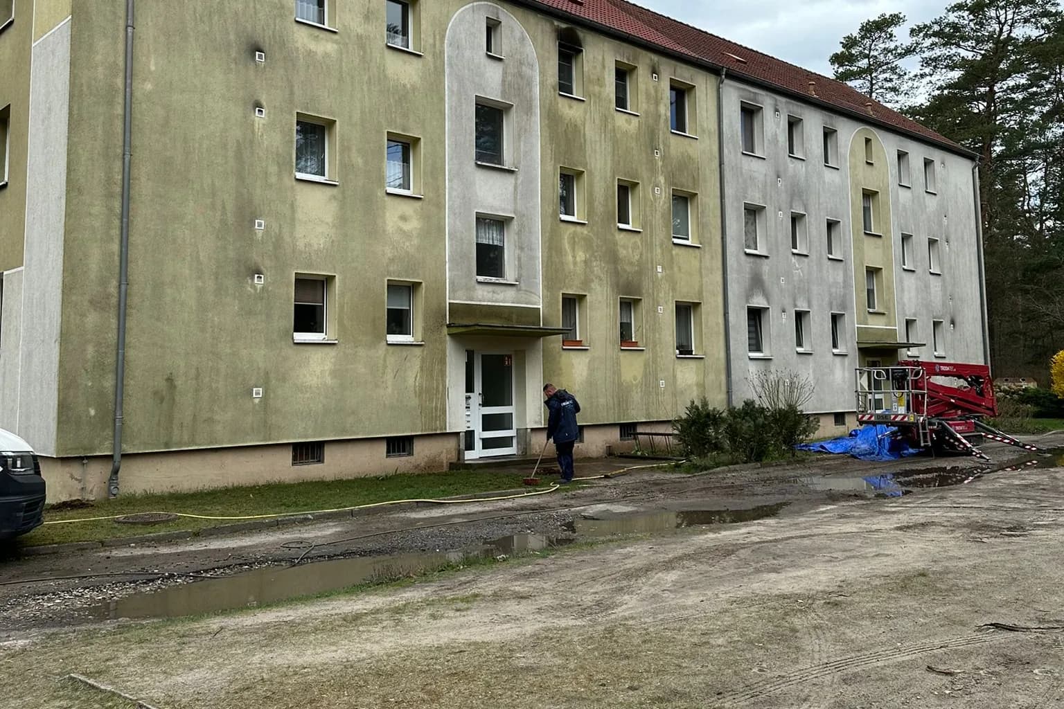 TRODATEC-Monteur mit Reinigungslanze vor einer stark vergrünten Putzfassade, daneben die aufgestellte Raupenarbeitsbühne