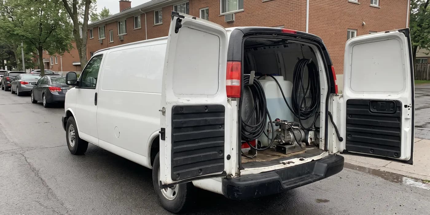 Weißer, unbeschrifteter Transporter mit Reinigungstechnik vor einem Wohngebäude
