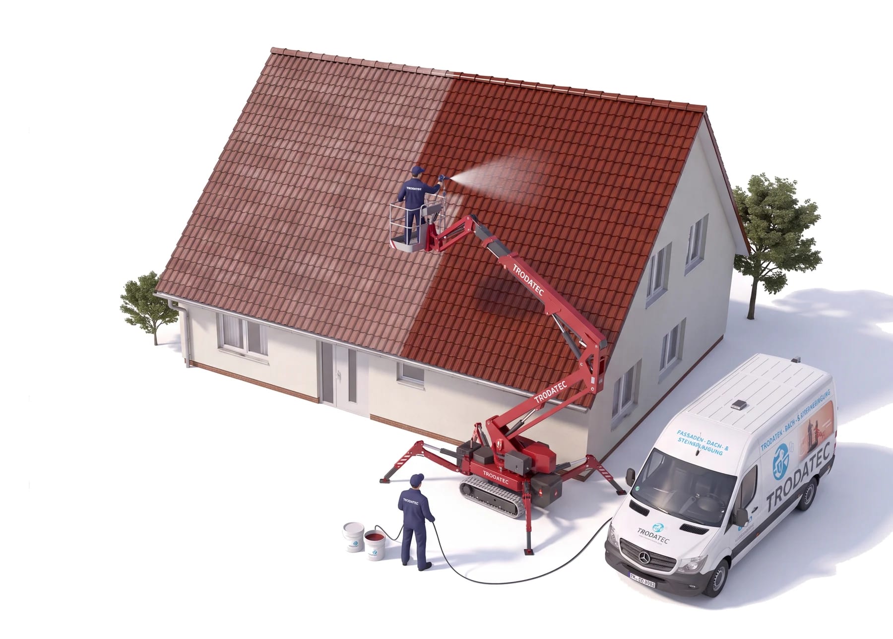 Illustration: TRODATEC-Mitarbeiter trägt aus dem Korb einer Arbeitsbühne die Beschichtung auf ein Ziegeldach auf – die bereits beschichtete Dachhälfte zeigt ein sattes, gleichmäßiges Rot, daneben stehen Gebinde und Firmenfahrzeug