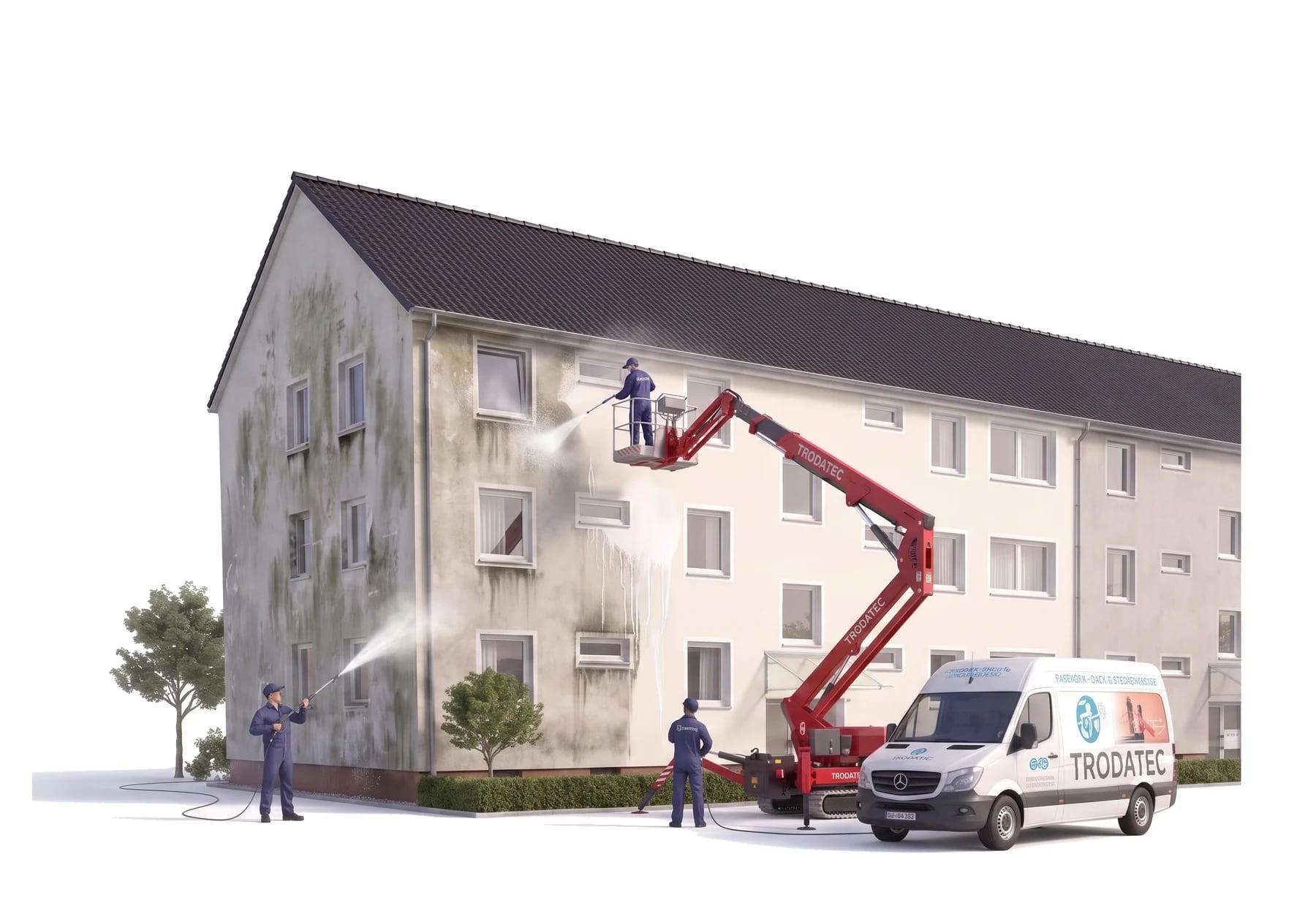 Illustration: TRODATEC-Team reinigt die veralgte Fassade eines Mehrfamilienhauses, ein Mitarbeiter arbeitet aus dem Korb der Arbeitsbühne am Obergeschoss, daneben steht das Firmenfahrzeug – die gereinigte Wandhälfte ist deutlich heller