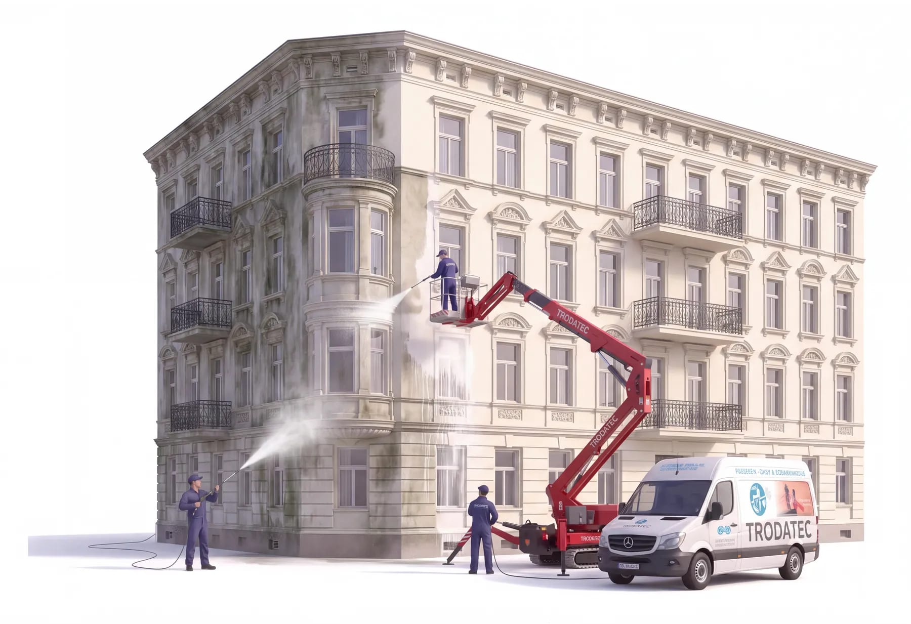 Illustration: TRODATEC-Team reinigt die Ecke eines Gründerzeit-Wohnhauses – ein Mitarbeiter arbeitet aus dem Korb der roten Arbeitsbühne an der veralgten Fassadenhälfte, daneben der beschriftete Firmentransporter