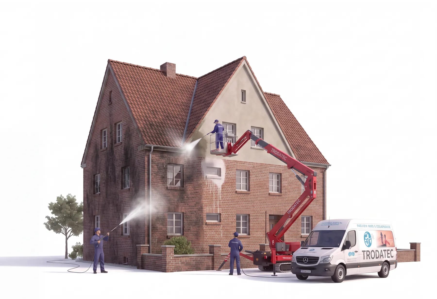 Illustration: TRODATEC-Team reinigt ein Siedlungshaus aus rotbraunem Klinker – ein Mitarbeiter arbeitet aus dem Korb der roten Arbeitsbühne am Giebel, die gereinigte Hälfte zeigt Stein und Fugen wieder klar
