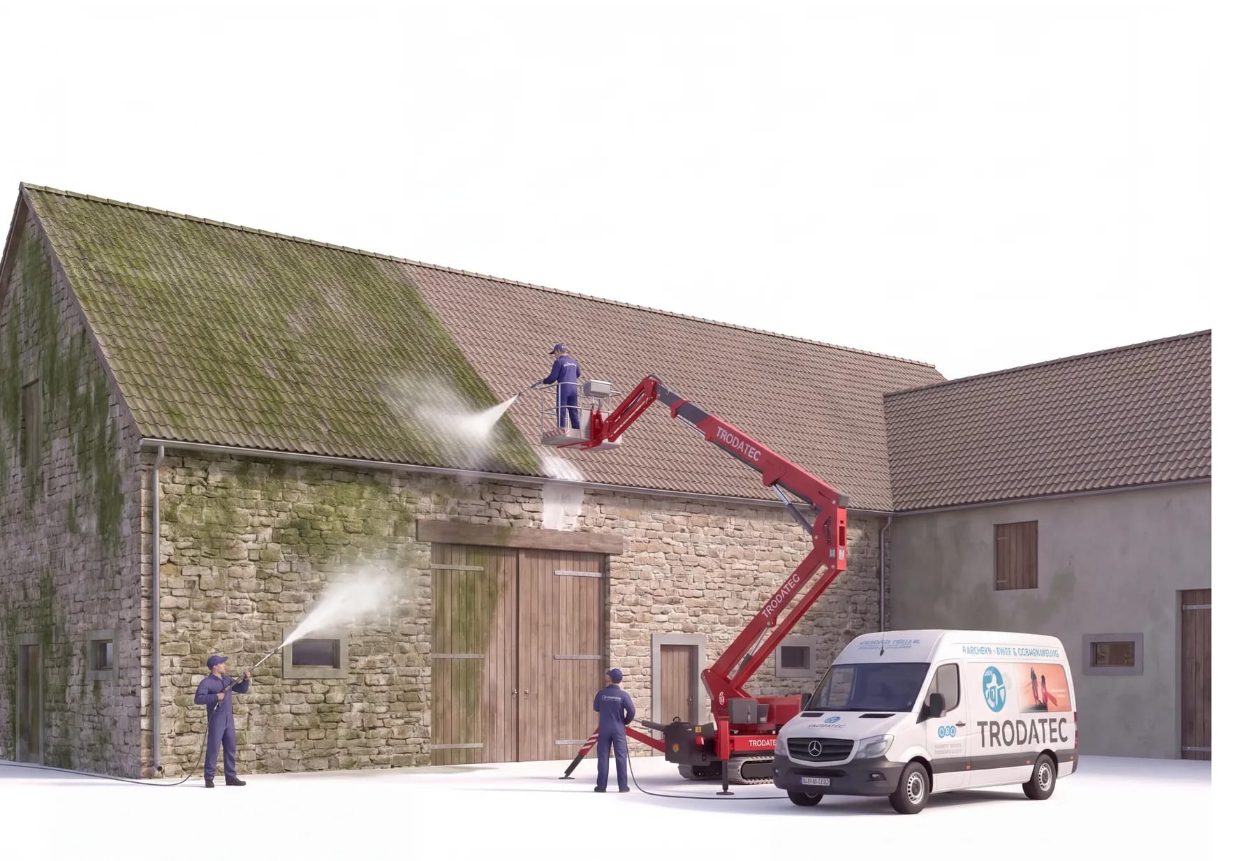 Illustration: TRODATEC-Team reinigt die große Dachfläche einer Hofanlage aus Bruchstein – ein Mitarbeiter arbeitet aus dem Korb der roten Arbeitsbühne, ein zweiter arbeitet am Mauerwerk darunter