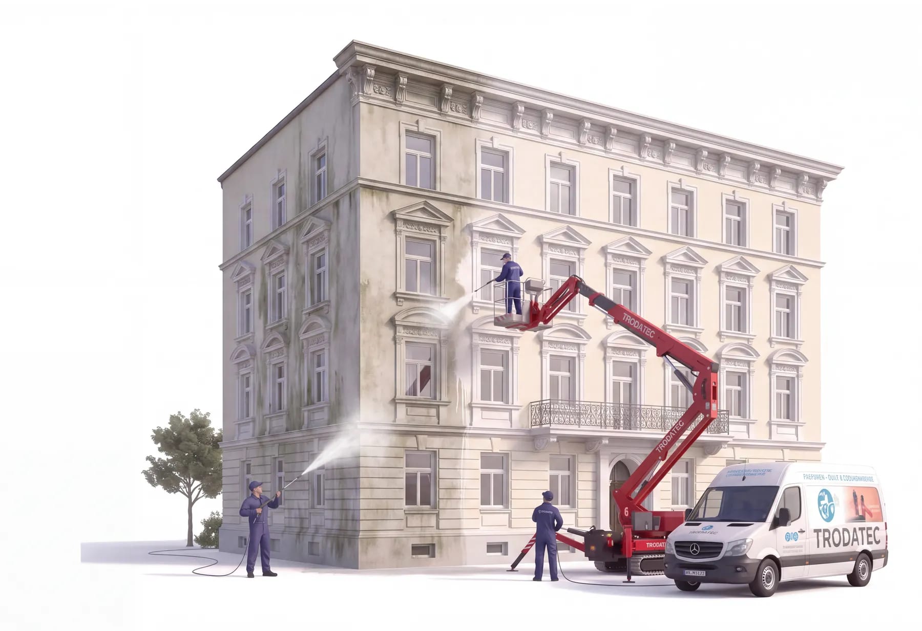 Illustration: TRODATEC-Team reinigt einen Münchner Stuckaltbau – ein Mitarbeiter arbeitet aus dem Korb der roten Arbeitsbühne an der veralgten Fassadenhälfte, die gereinigte Hälfte daneben ist deutlich heller