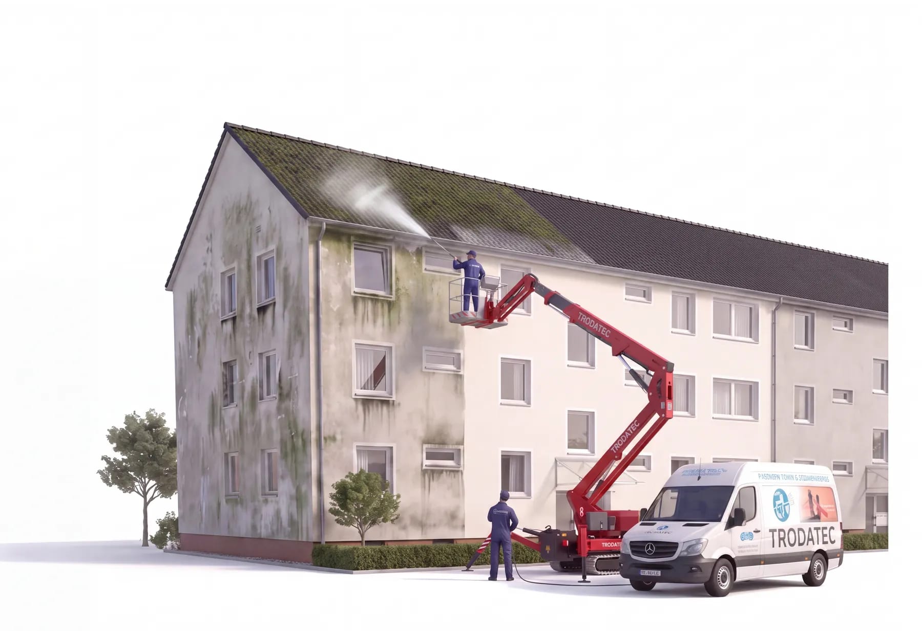 Illustration: TRODATEC-Team reinigt das flach geneigte Dach einer Wohnzeile – ein Mitarbeiter arbeitet aus dem Korb der roten Arbeitsbühne an der bemoosten Dachfläche, daneben der beschriftete Firmentransporter
