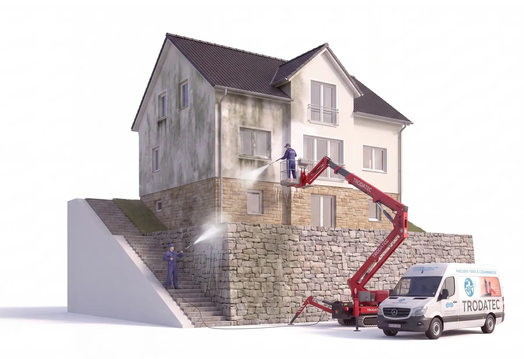 Illustration: TRODATEC-Team reinigt ein Haus über einer Natursteinmauer am Hang – ein Mitarbeiter arbeitet aus dem Korb der roten Arbeitsbühne, ein zweiter arbeitet an der Stützmauer darunter