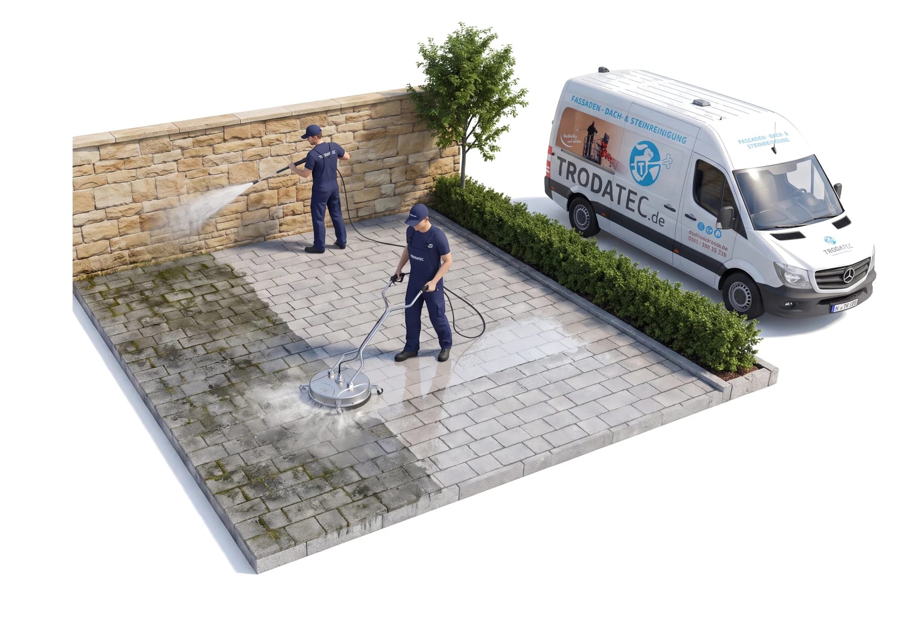 Illustration: TRODATEC-Team reinigt eine gepflasterte Einfahrt mit dem Flächenreiniger und eine Sandsteinmauer mit der Sprühlanze – die gereinigte Fläche hebt sich hell vom vergrünten Belag ab