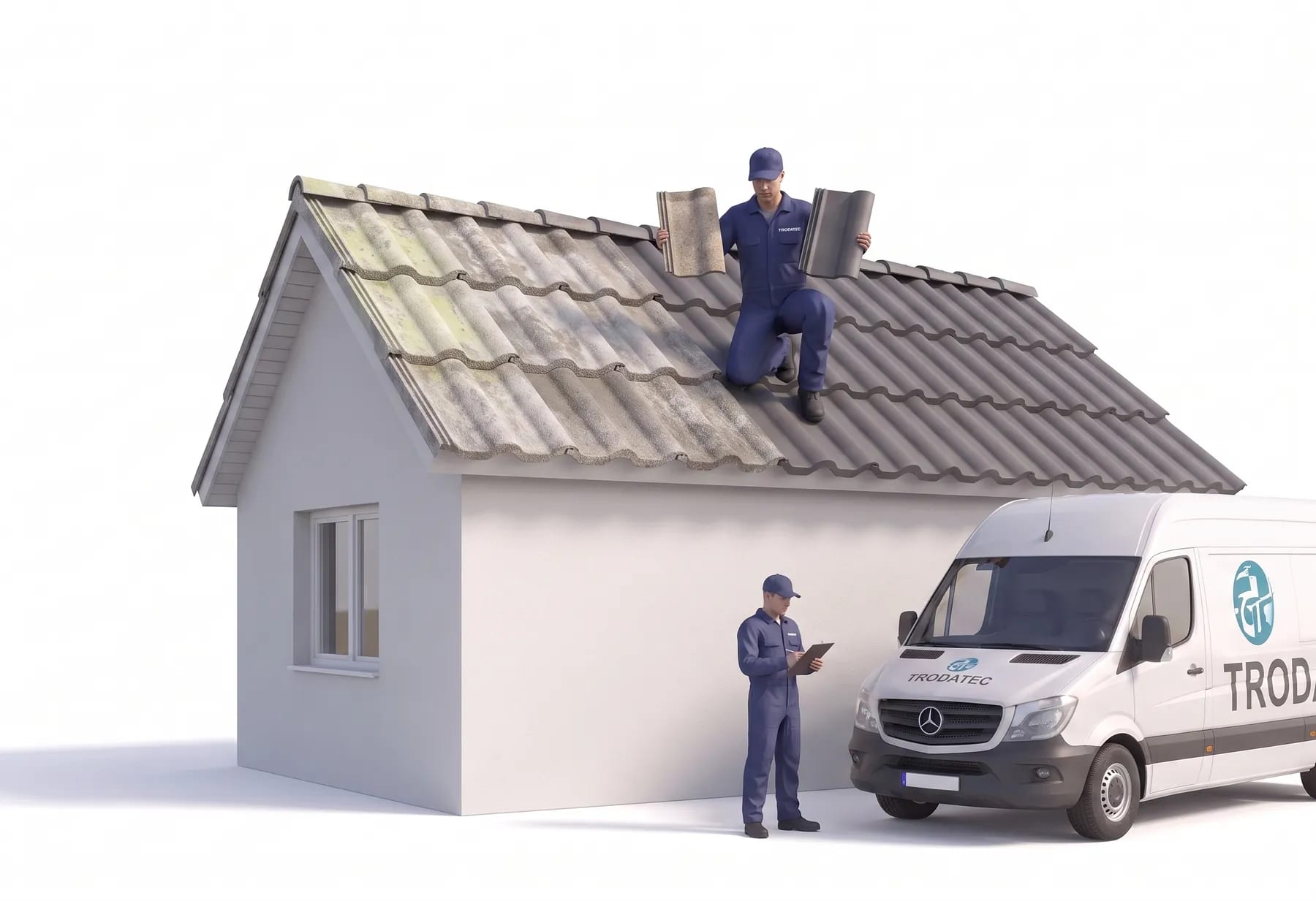 Illustration: Ein TRODATEC-Mitarbeiter hält auf einer Dachfläche zwei Betondachsteine zum Vergleich nebeneinander – einen alten mit ausgekreideter Oberfläche und einen mit intakter Werksdeckschicht, im Hintergrund die verwitterte Dachfläche