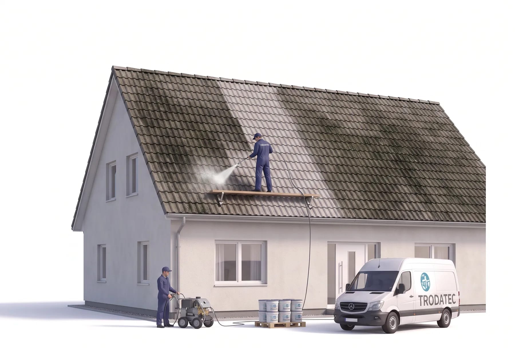 Illustration: Ein TRODATEC-Mitarbeiter reinigt von einem Dachdecker-Laufsteg aus die verwitterten Betondachsteine eines Wohnhauses – die gereinigte Bahn bleibt matt und unbeschichtet, die Farbgebinde am Boden sind noch verschlossen