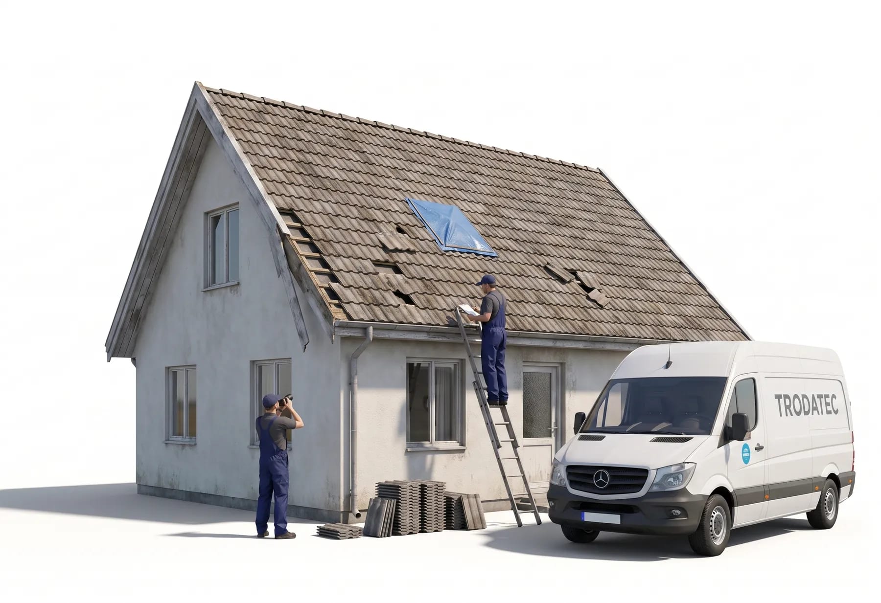 Illustration: Ein TRODATEC-Mitarbeiter nimmt von der Anlegeleiter aus den Zustand eines Altdachs mit verschobenen und gebrochenen Steinen auf, ein zweiter dokumentiert die Fläche mit der Kamera – Ersatzsteine liegen gestapelt am Boden
