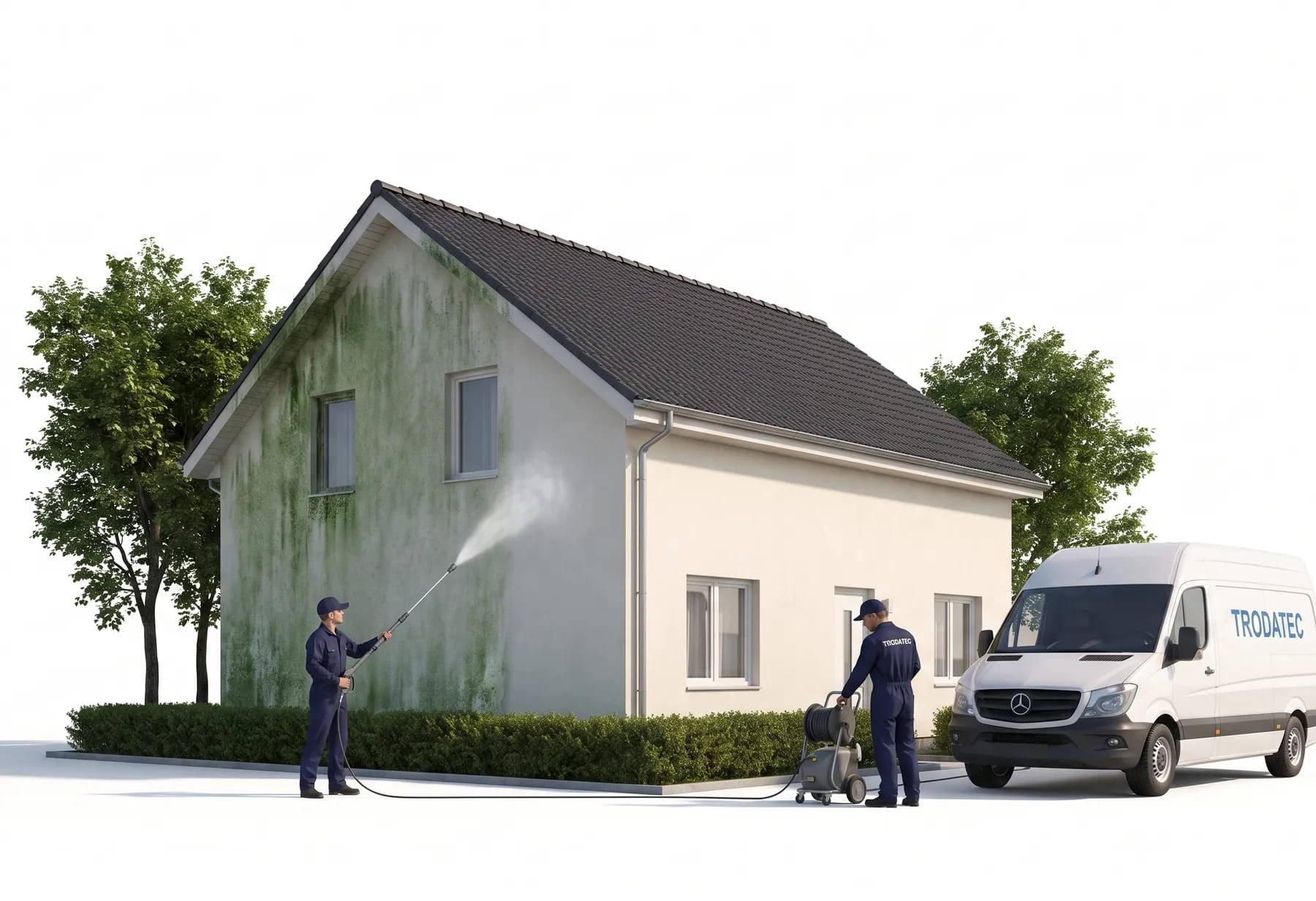 Illustration: TRODATEC-Mitarbeiter löst mit der Sprühlanze vom Boden aus den grünen Algenbelag von der verschatteten Giebelwand eines Einfamilienhauses – die bereits behandelte Bahn zeigt wieder den hellen Putz, daneben stehen die beschattenden Bäume und das Firmenfahrzeug