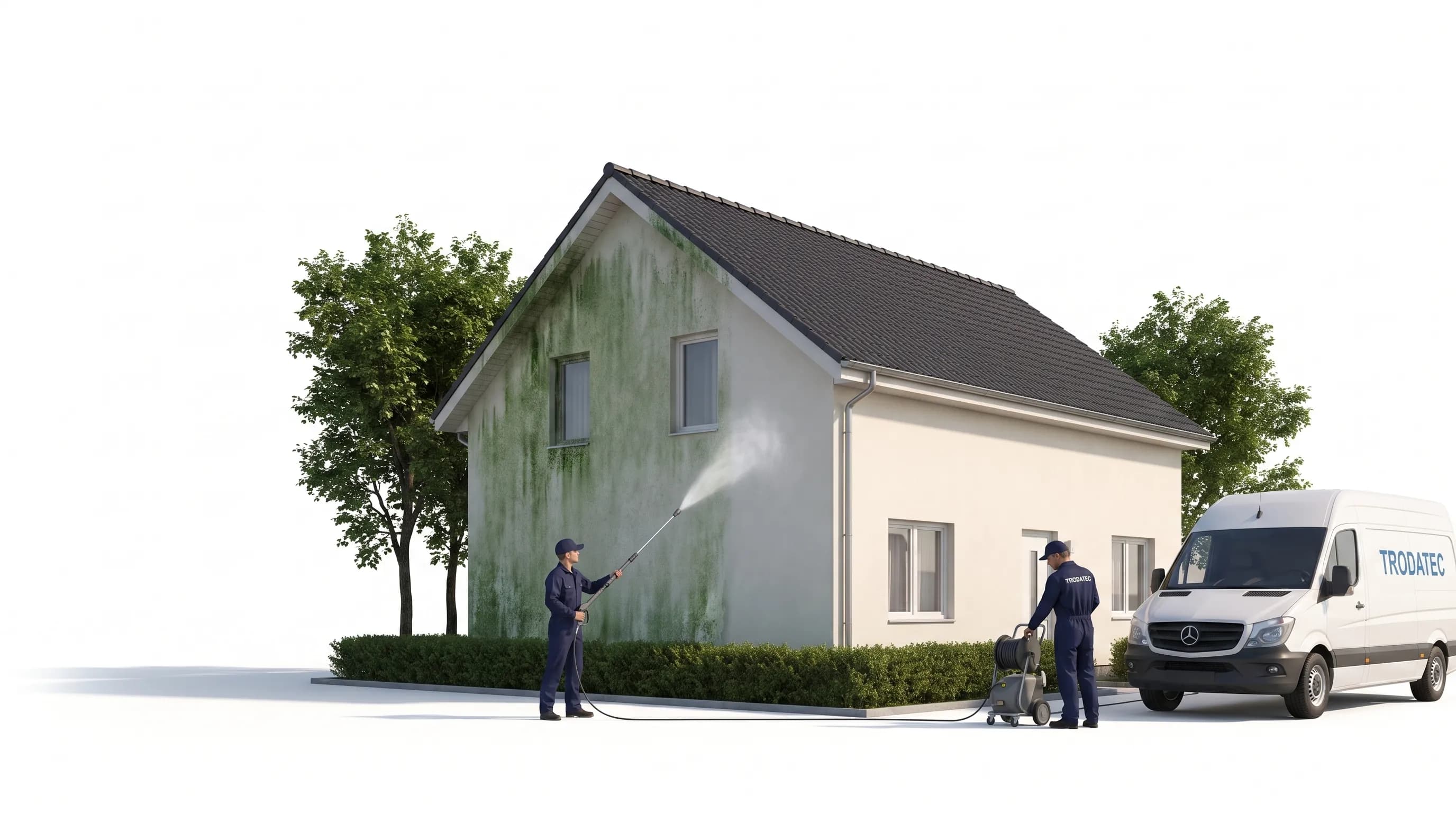 Putzfassade mit flächigem grünem Algenbelag an der Nordseite