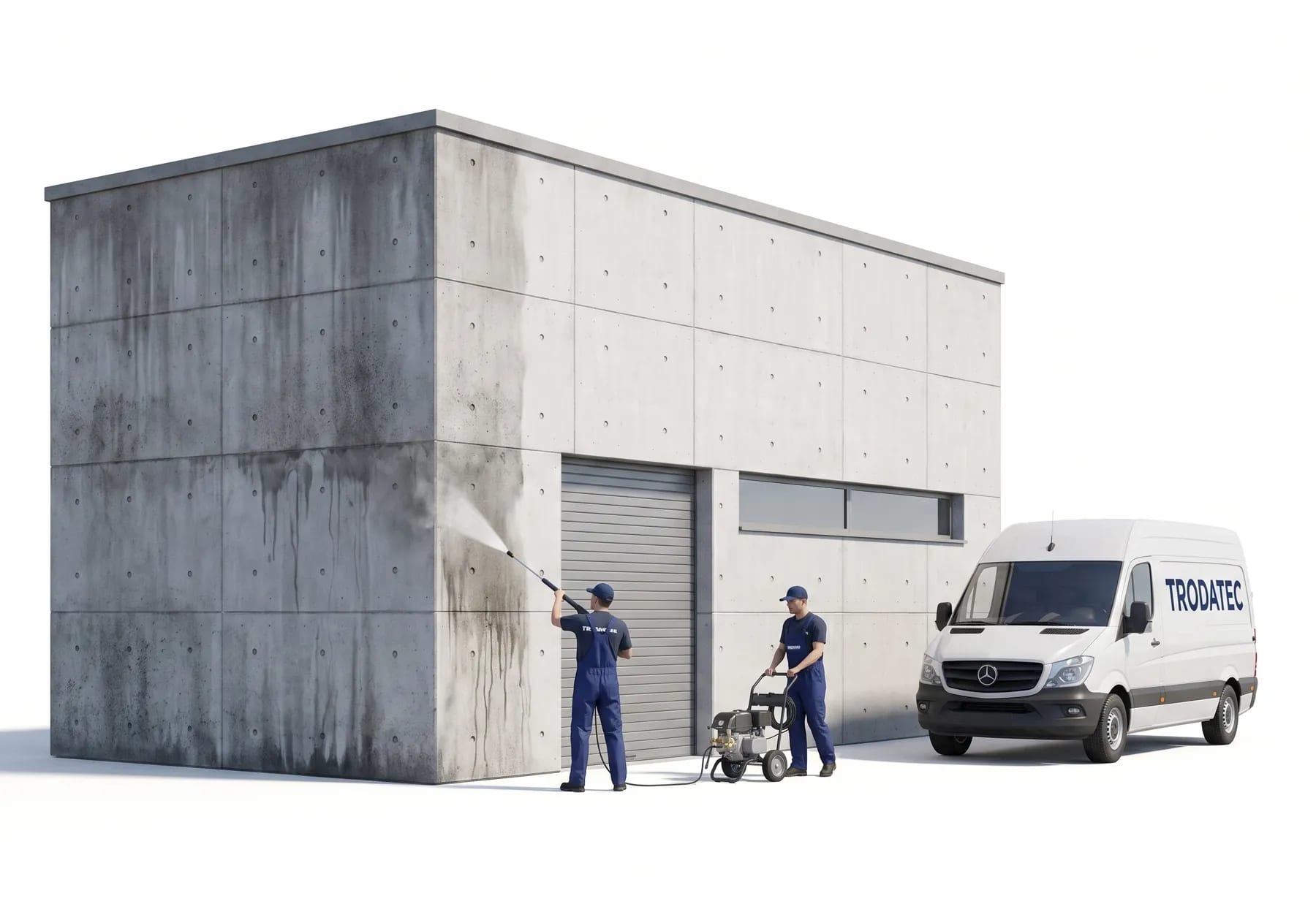 Illustration: Zwei TRODATEC-Mitarbeiter reinigen die verschmutzte Sichtbetonfassade einer Gewerbehalle mit Teleskoplanze und fahrbarem Aggregat – rechts hebt sich der bereits gereinigte, hellgraue Wandbereich ab, daneben steht das Firmenfahrzeug