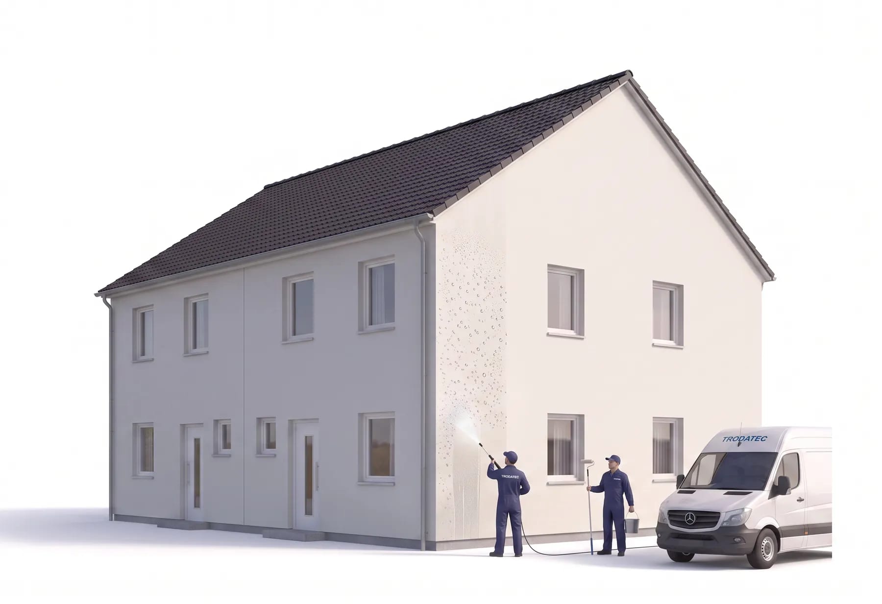 Illustration: TRODATEC-Mitarbeiter trägt mit dem Niederdruck-Sprühgerät den Oberflächenschutz auf die frisch gereinigte Putzfassade eines Doppelhauses auf – auf dem behandelten Wandstreifen perlt das Wasser in feinen Tropfen ab, ein zweiter Mitarbeiter hält Eimer und Auftragsrolle