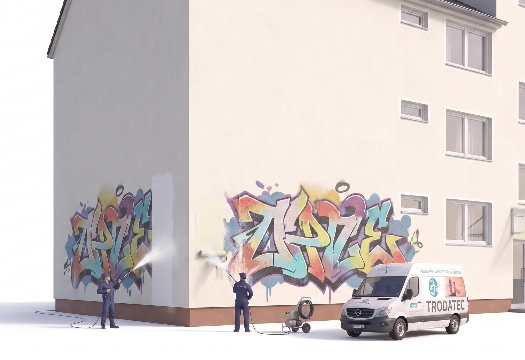Illustration: Zwei TRODATEC-Mitarbeiter nehmen ein großflächiges Graffiti von der verputzten Ecke eines Mehrfamilienhauses ab – einer trägt das Gel mit der Rolle auf, der andere spült die behandelte Bahn mit der Handlanze ab, daneben steht das Firmenfahrzeug