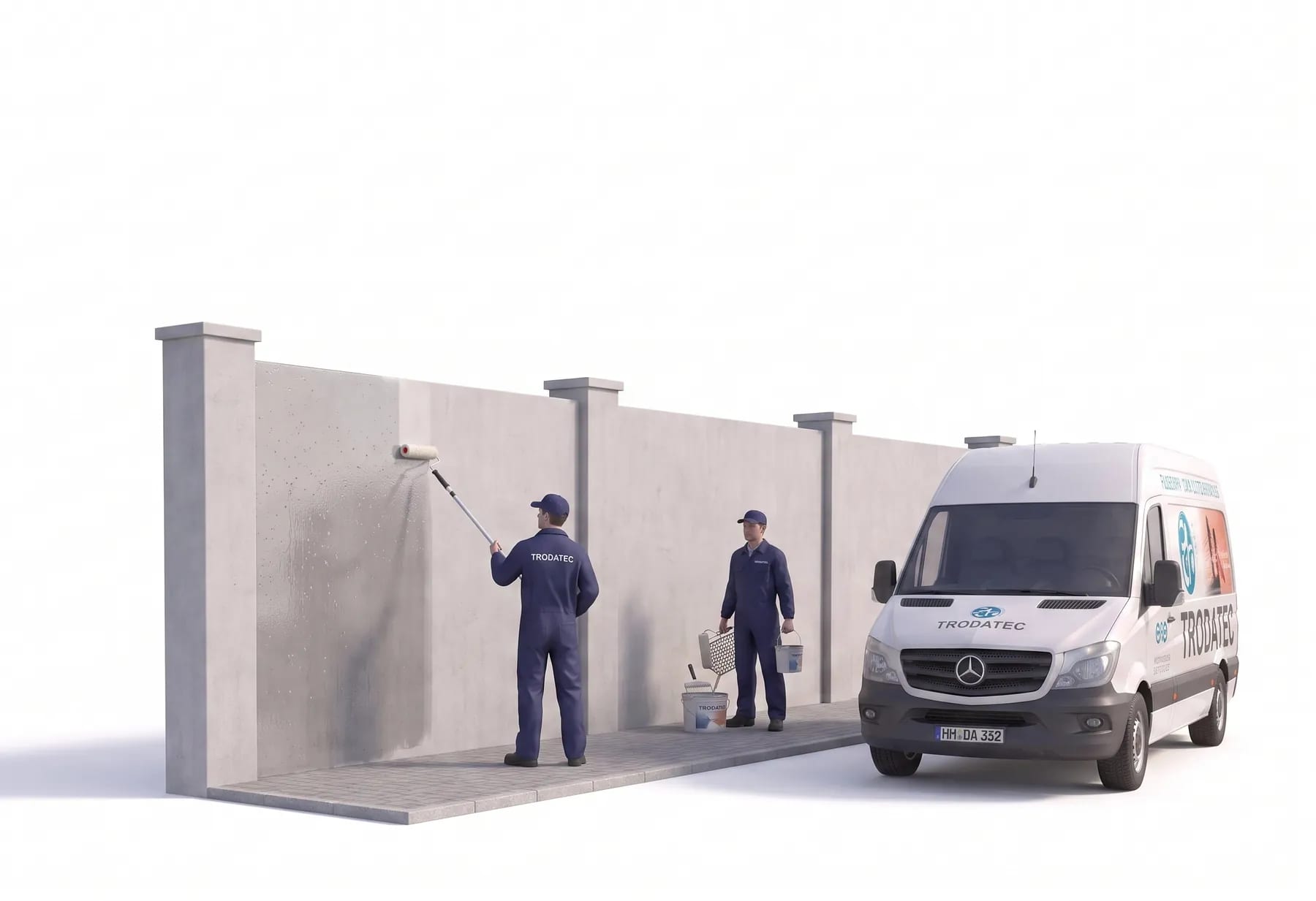 Illustration: Ein TRODATEC-Mitarbeiter rollt mit langem Stiel eine klare Schutzbeschichtung auf eine saubere Betonwand am Gehweg, ein zweiter hält Farbeimer und Ersatzrolle bereit, daneben steht das Firmenfahrzeug