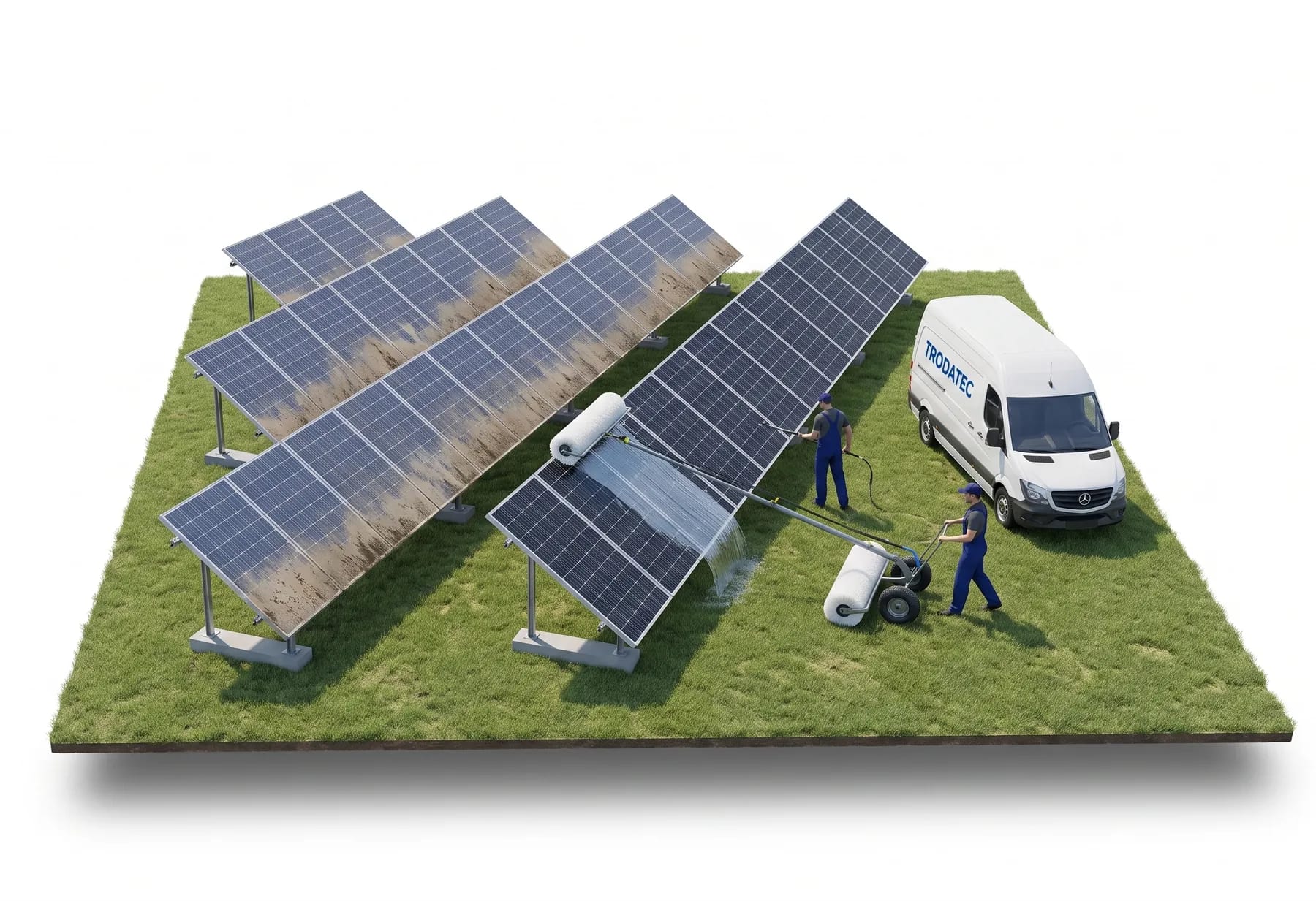 Illustration: Ein TRODATEC-Mitarbeiter führt ein fahrbares Bürstengerät an den Modulreihen eines bodenmontierten Solarparks entlang, ein zweiter kontrolliert die erdig verschmutzte untere Modulkante