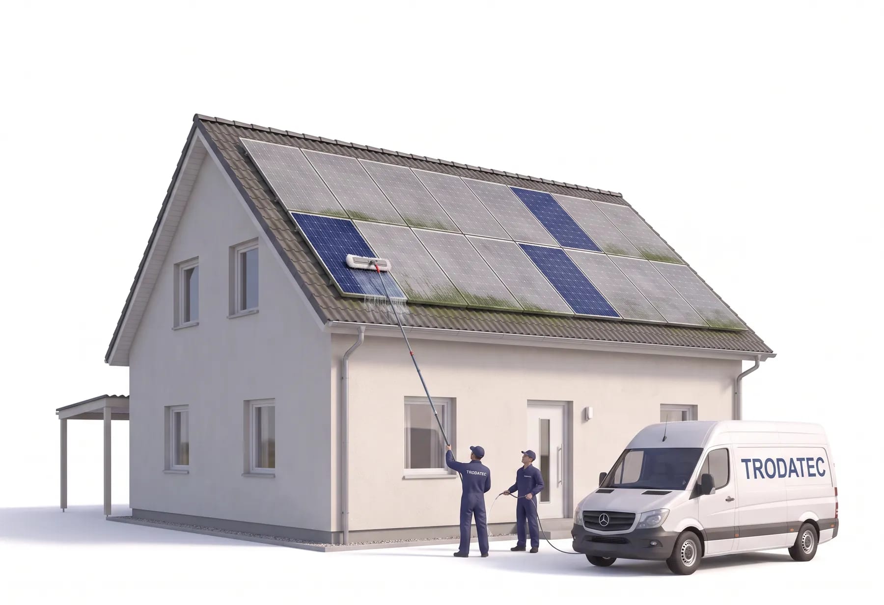 Illustration: Ein TRODATEC-Mitarbeiter reinigt vom Boden aus mit der Teleskopbürste die Photovoltaikanlage auf dem Satteldach eines Einfamilienhauses – die gereinigten Module glänzen dunkelblau neben den staubig-matten
