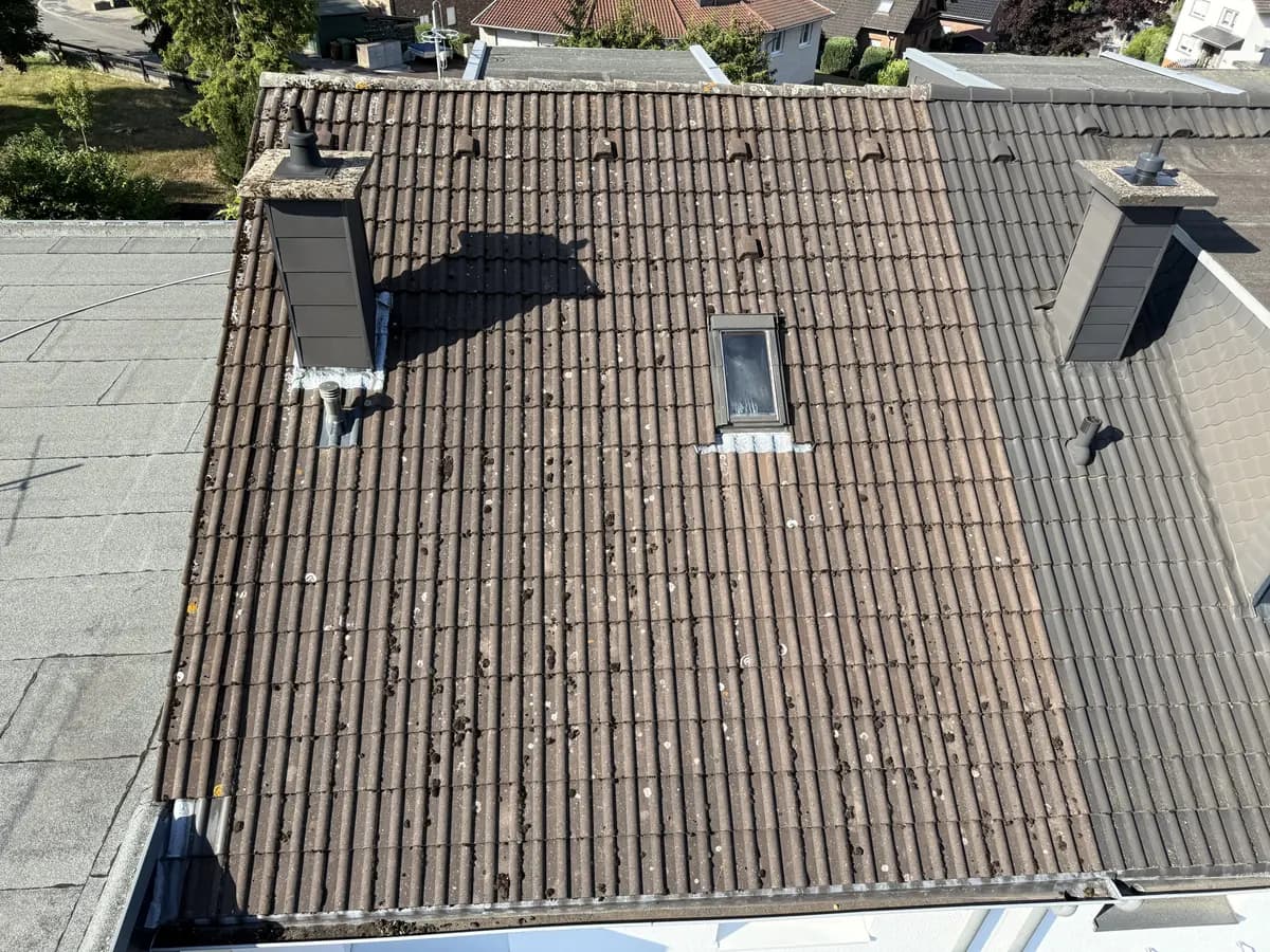 Dachfläche aus Betondachsteinen mit Flechtenbewuchs vor der Dachreinigung