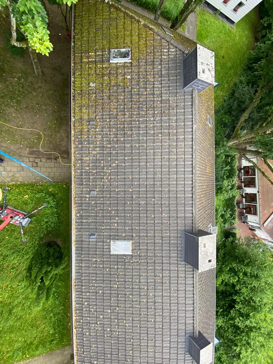 Vermoostes Satteldach eines Mehrfamilienhauses vor der Besichtigung