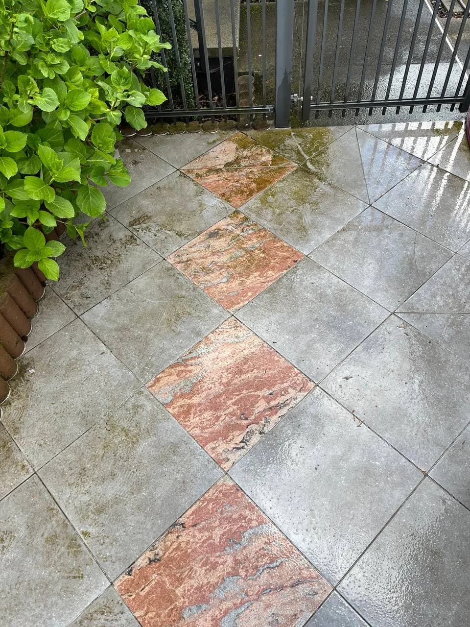 Terrasse mit hellen Platten und roten Natursteinrauten, verwaschen und mit Grünbelag in den Fugen