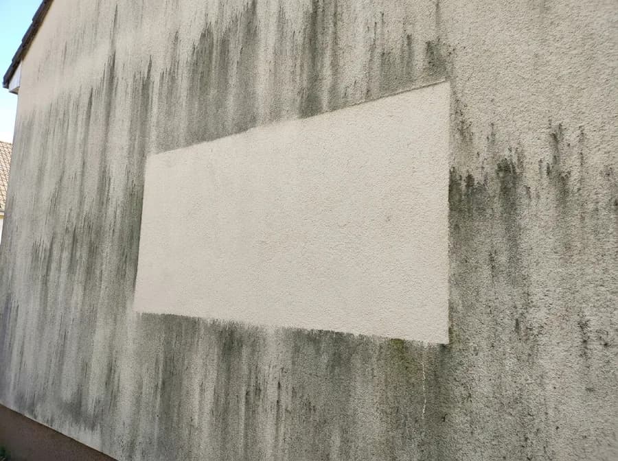 Helle rechteckige Probefläche auf einer veralgten Putzwand